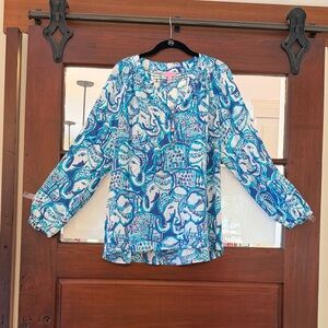Lilly Pulitzer Blue Elephant Print Blouse